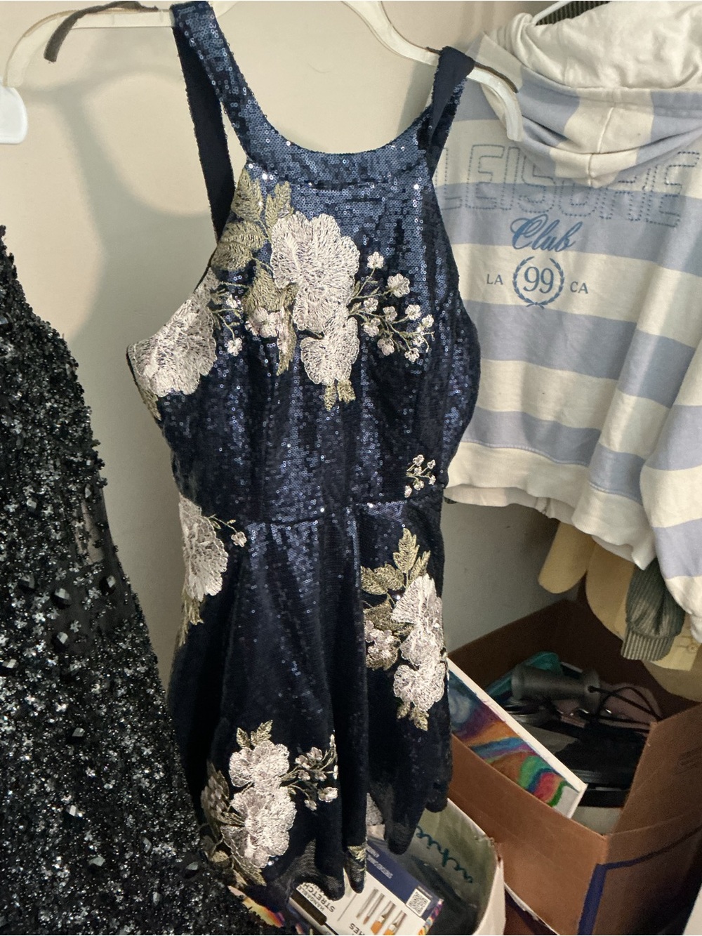 Honey and Rosie Navy Sequin Dress with Ivory and Gold Floral Appliqué